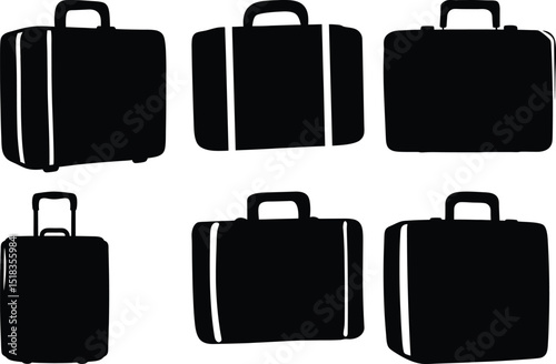Variety of six black suitcase illustrations with different design features