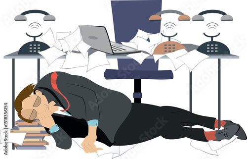 Hard working day. Tired businessman.
Rest on the business place. Tired businessman sleeping under the table putting his head on the papers. Ringing telephones.

