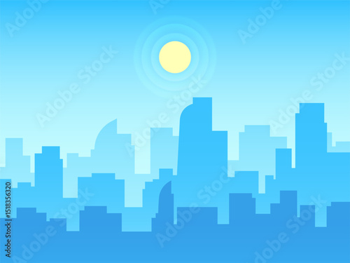 Minimalist illustration featuring a vibrant blue city skyline, showcasing towering skyscrapers under a bright sun in a clear, sunny sky, creating a modern urban landscape