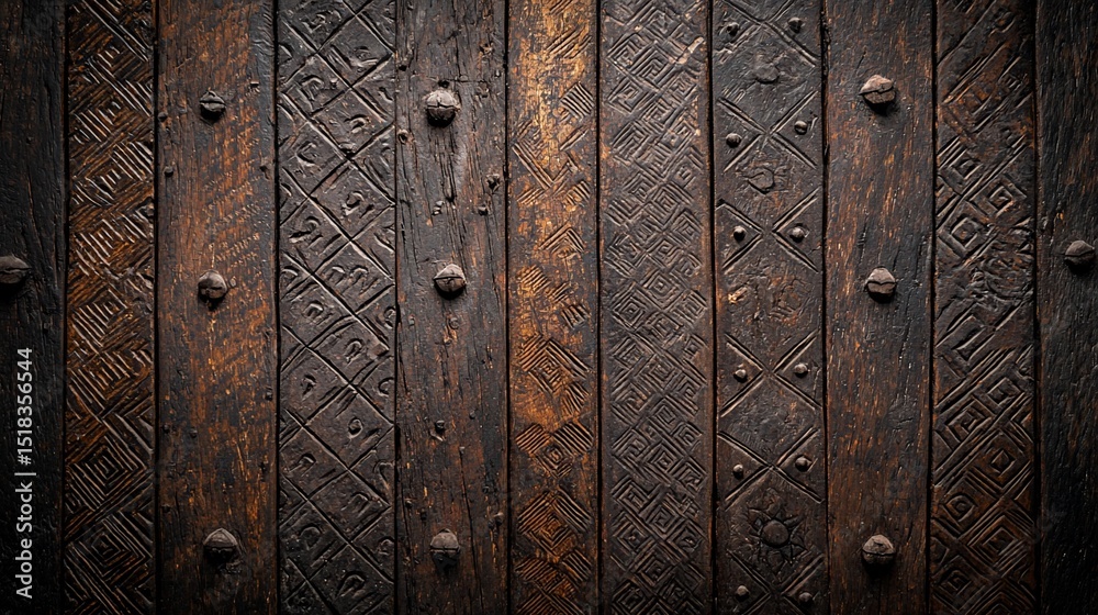 Fototapeta premium Aged wooden door panel with intricate carvings