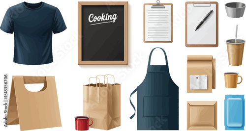 Assorted restaurant and cooking related items including a shirt and an apron are displayed