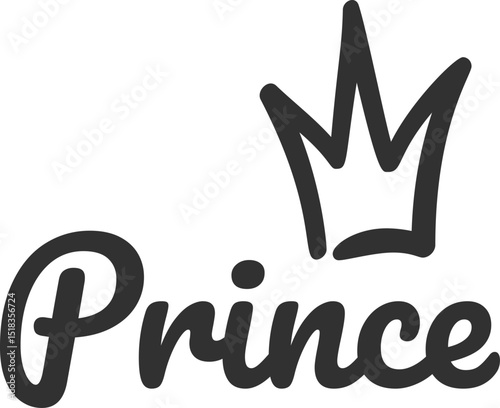 Simple black and white illustration featuring prince lettering and a crown, perfect for celebrating a little boy birthday party or baby shower. Ideal for invitations and decorations