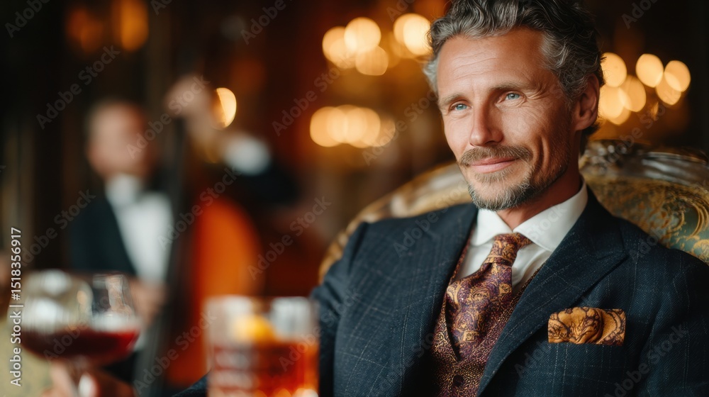 Elegant gentleman enjoying fine drink in upscale lounge during evening classical performance Elegant gentleman enjoying fine drink in upscale lounge during evening classical performance