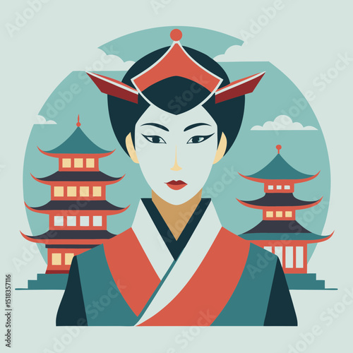 Traditional geisha woman standing before pagodas