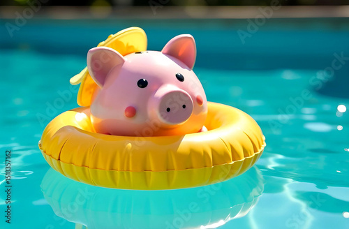 Close up of pink piggy bank with sunglasses and hat, sunny day sandy coast, summer vacation at sea beach or pool background. saving money concept