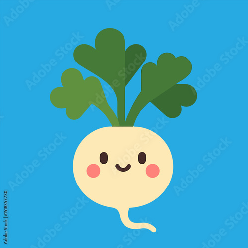 A cartoon vegetable with a smile on its face. The vegetable is a radish. The blue background is the sky