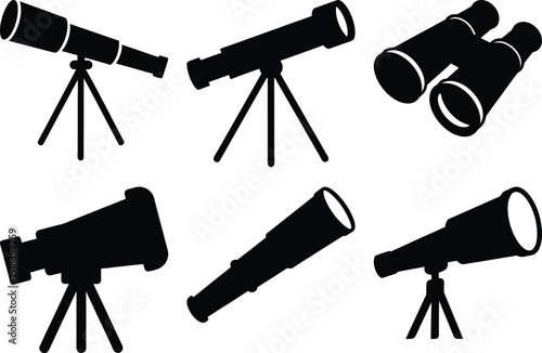 Various telescopes and binoculars arranged on a white background in silhouette