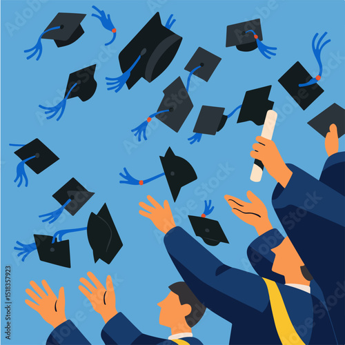 A group of people are celebrating their graduation by throwing their caps into the air. Concept of accomplishment and pride as the graduates reach for their caps