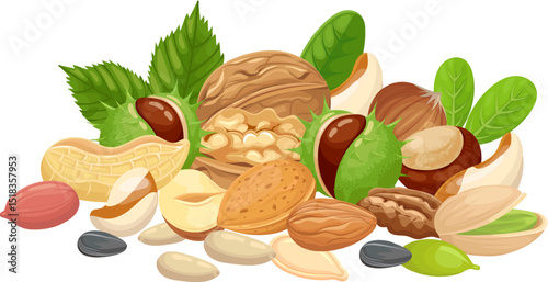 Vibrant assortment of walnuts, almonds, peanuts, chestnuts, pistachios, hazelnuts, and sunflower seeds arranged in a visually appealing pile, highlighting their natural colors and textures