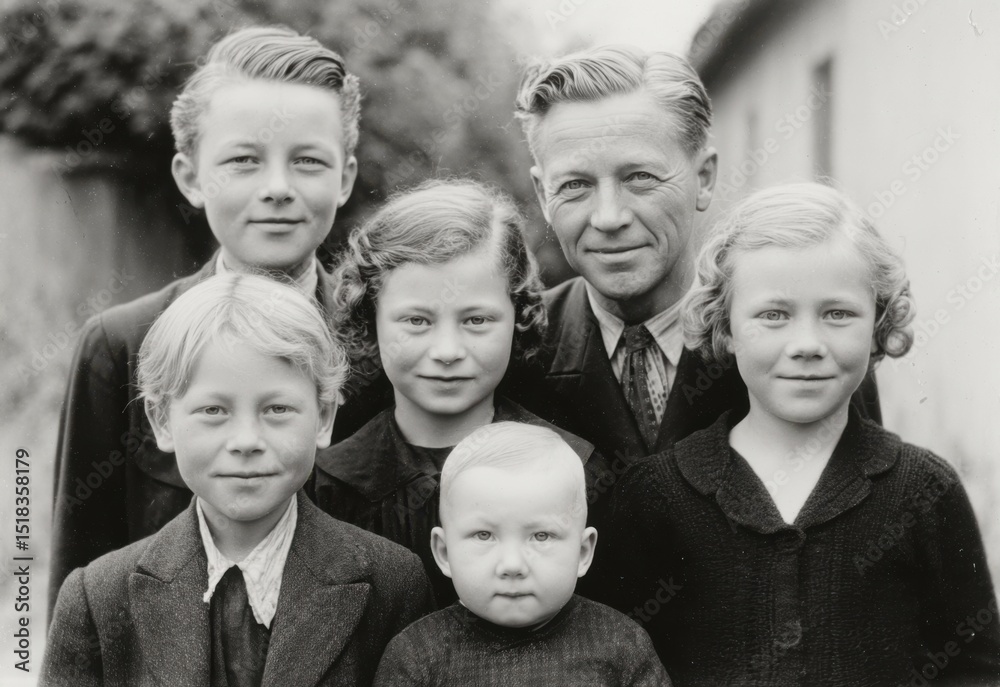 Obraz premium Six siblings with their father posing together in a vintage black and white portrait outdoors