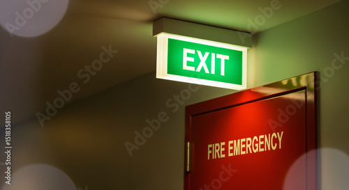 Green exit sign illuminated above a red fire emercency doorway. The scene suggests an emergency exit area within a building.