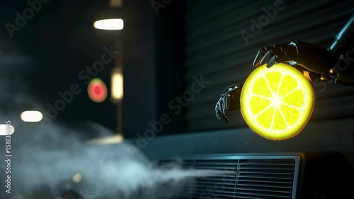 Robotic Lemon Squeezer in Humidifier Video: A Gentle Misting Display. A robotic hand holding a slice of lemon in front of an air conditioner.