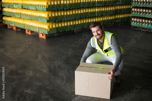 Male warehouse worker wearing vest kneeling in warehouse lifting box beside crates, copy space