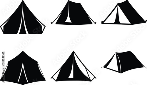 Various tents in vector format shown as black silhouettes against white backdrop