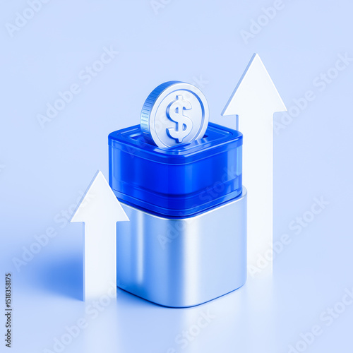 3D Dollar Coin with Up Arrows – Revenue, Growth or Profit Concept