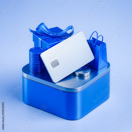 3D Credit Card with Gift Box and Shopping Bag – Ecommerce or Payment Concept
