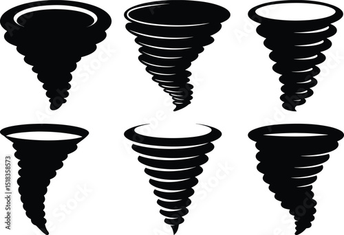 Six stylized tornado vector illustrations on a white background depict nature's fury