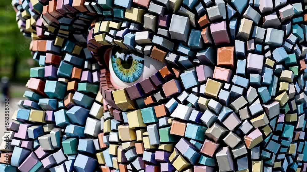 Surreal human face sculpture made of colorful 3D cubes with detailed blue eye in focus, symbolizing abstract identity, digital fragmentation, and modern artistic interpretation