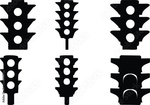 Various Styles of Traffic Lights in Black Silhouette on White Background