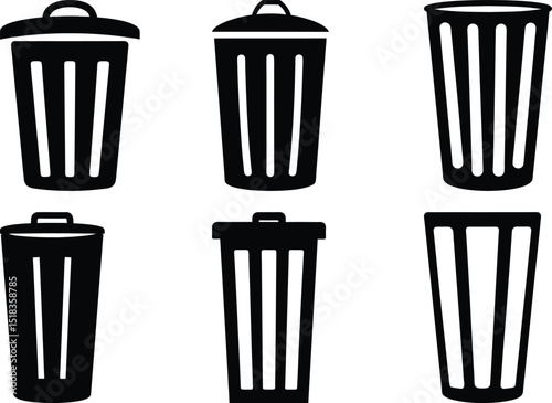 Collection of Black and White Trash Can Icons in Different Styles