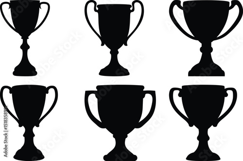 Variety of black trophy silhouettes, symbolizing achievements and competition, isolated on white