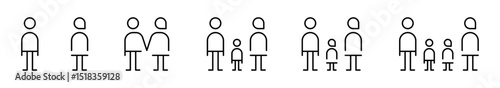 Conjunto de iconos de familia. Figura masculina, femenina, pareja tradicional, familia con hijo, con hija y familia con dos hijos. Ilustración vectorial