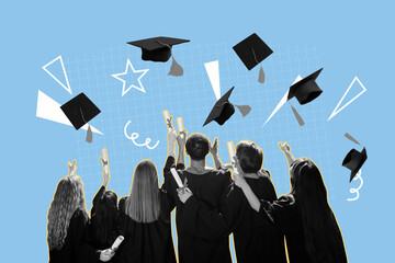 Creative artwork sketch image 3D collage of study diploma graduation student knowledge success silhouette man lady stand back pull up hat