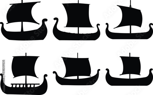 Six Viking Ship Silhouettes, Black and White, Different Sails, Detailed Outline