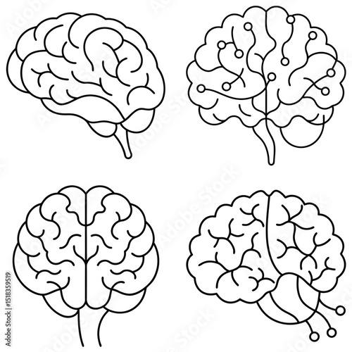 Vector set of human brains in outline style for education and mental health awareness
