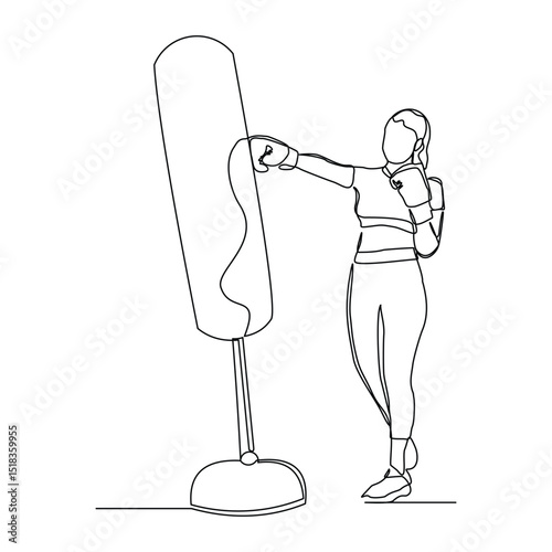 Continuous line drawing of female boxing athlete training with punching bag. Sport single line editable stroke sketch vector illustration