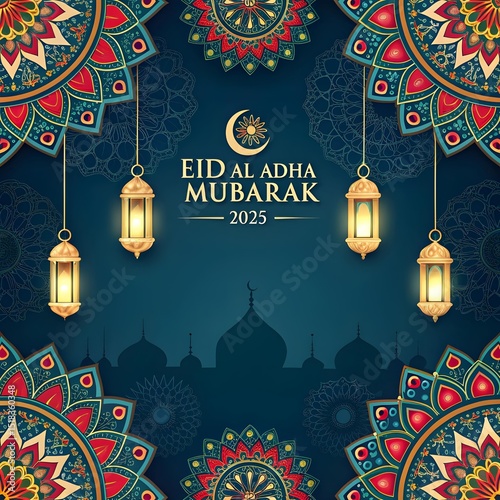Modern Eid Al Adha Mubarak 2025 Card with Stylized Mosque and Lanterns.