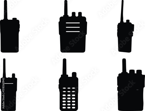 Black Silhouette Collection of Walkie Talkies, a Communication and Emergency Tool