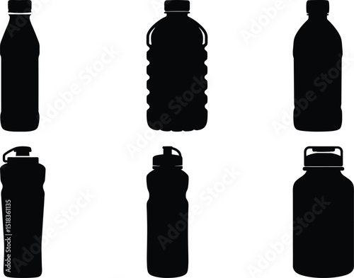 Collection of black silhouette water bottles and containers on white background