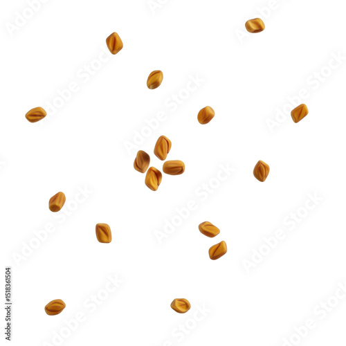 Scattered fenugreek seeds isolated on transparent background