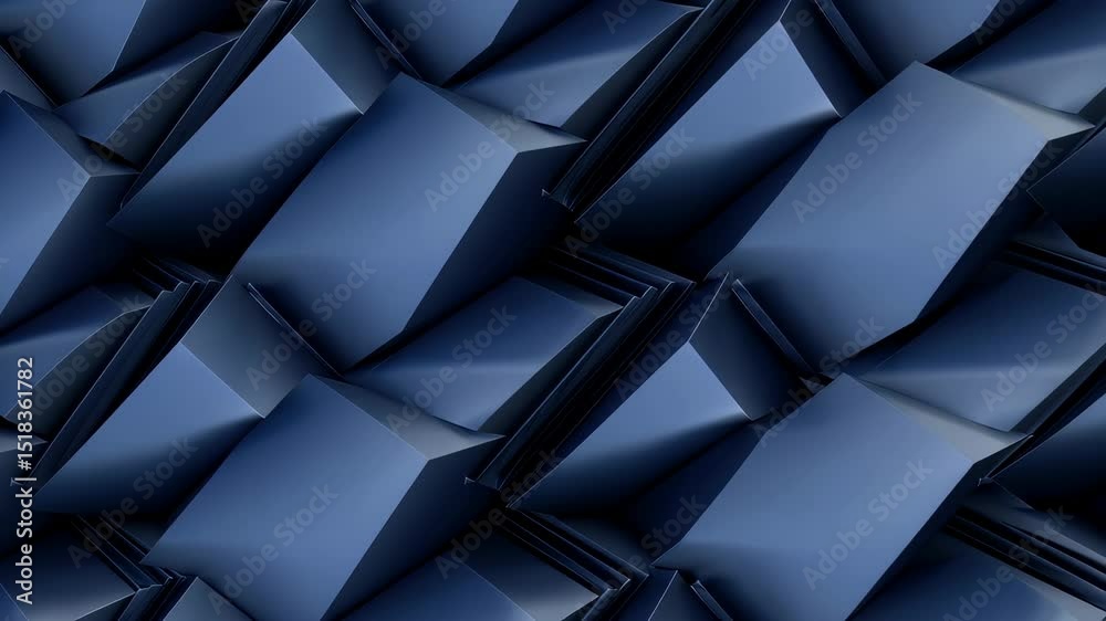 Looping animation of blue geometric cubes rotating in seamless 3D pattern, symbolizing modern design, structure, and abstract digital surface for technology backgrounds