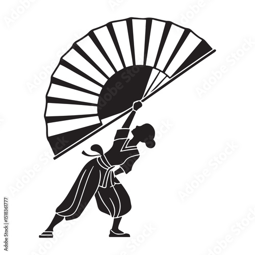 "Chinese hand fan silhouette in flat vector style on a white background. Ideal for cultural icons, traditional designs, and decorative graphics."