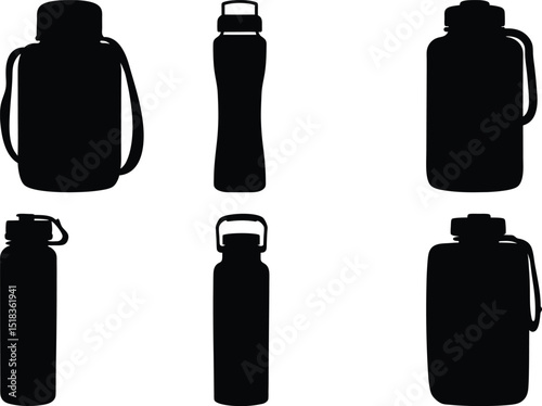 Silhouette Illustration of Various Reusable Water Bottles for Hydration and Sustainability