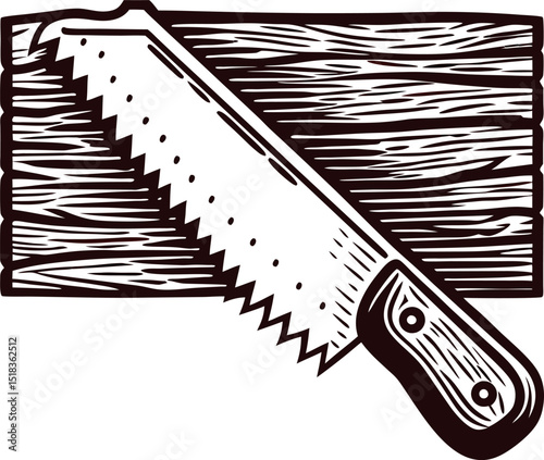 Vintage engraved illustration of a hand saw cutting wooden plank with detailed handle and textured wood grain