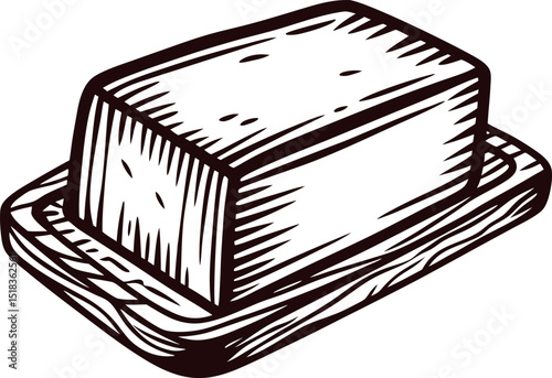 Hand drawn block of butter on wooden tray in vintage engraving illustration