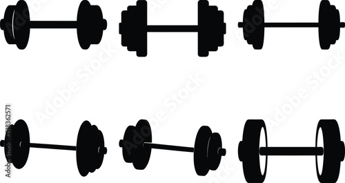 Six Black Dumbbells in Varying Styles Against a White Background, Physical Training