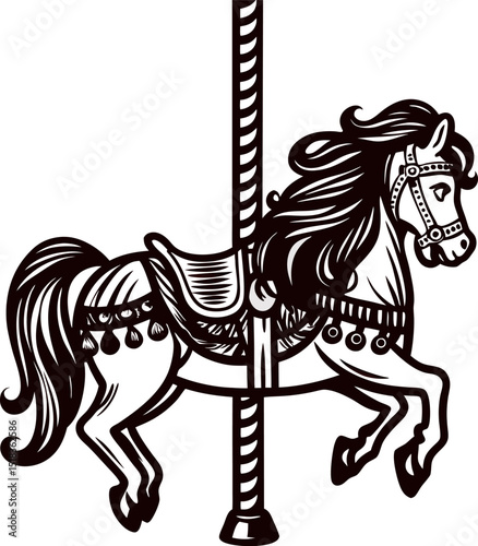 Vintage engraved carousel horse with ornate saddle and bridle in black and white illustration