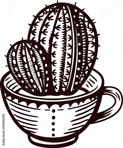 Hand drawn cactus in decorative teacup vintage engraved botanical succulent illustration