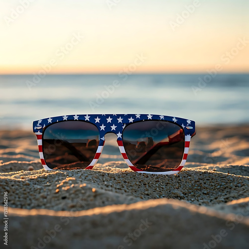Sunglasses with the US flag print on the beach .4th of July celebration.Independence Day