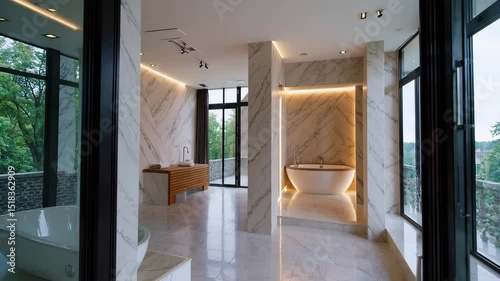 Minimalist high-end bathroom interior with marble walls, standalone bathtub, and natural light, symbolizing architectural elegance, cleanliness, and luxury wellness space