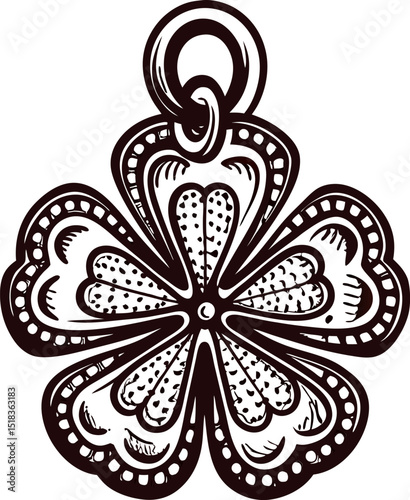 Hand drawn four leaf clover pendant charm with intricate engraving in vintage