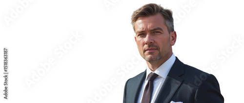 An elegant portrait of a European man, a real estate broker, in a finely tailored Italian suit, exuding professionalism and confidence.