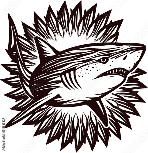 Hand drawn aggressive shark with open mouth and sharp teeth surrounded by stylized burst engraving illustration