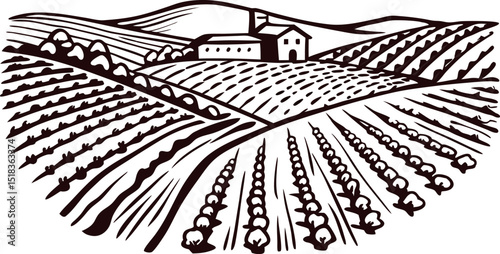 Hand drawn rural farm landscape with fields, hills, and farmhouse, vintage engraved illustration
