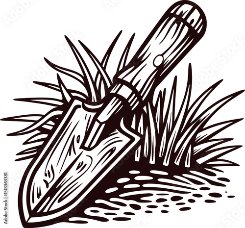 Hand drawn vintage garden trowel in the ground near grass engraved illustration of gardening tool on soil