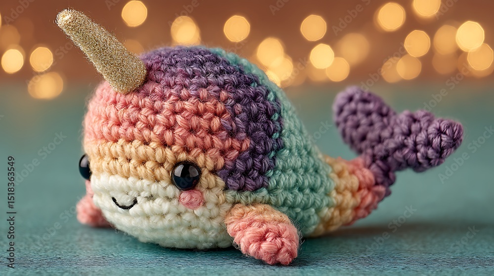 Obraz premium Crochet Narwhal Toy with Rainbow, Cute, and Festive.